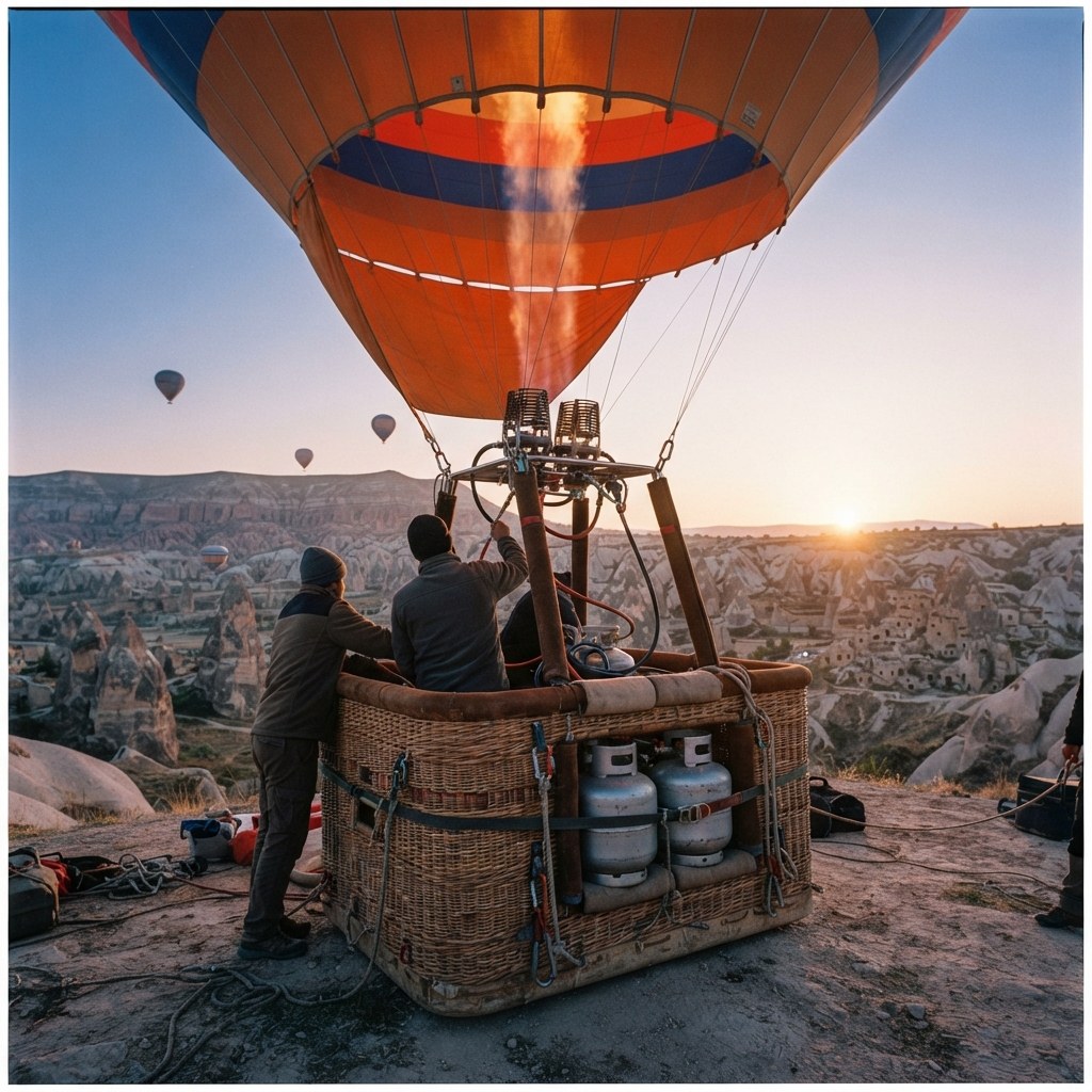 Kalkışa hazırlanan sıcak hava balonu sepeti ve pilot