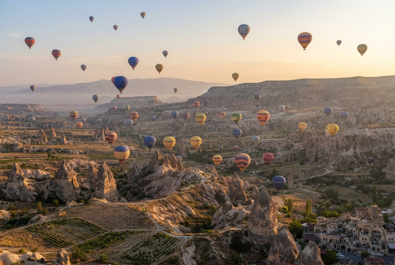 Peribacaları ve vadiler üzerinde renkli balonlarla dolu Kapadokya manzarası