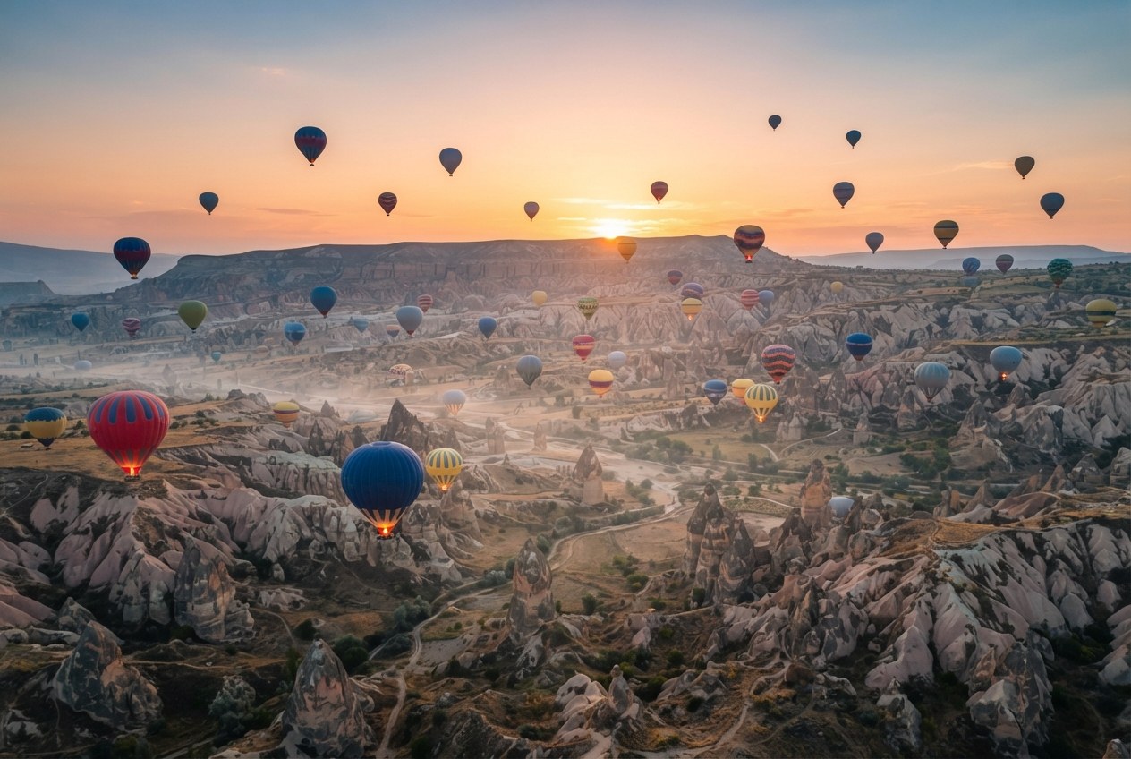 Şafakta Kapadokya semalarında süzülen sıcak hava balonları